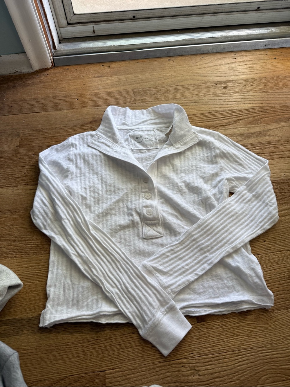 aerie White Ribbed Henley Long Sleeve Top